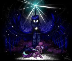 Size: 1024x869 | Tagged: safe, artist:pxoenix2014, character:princess luna, character:snowfall frost, character:starlight glimmer, blizzard, cloak, clothing, duo, eyes closed, glowing eyes, gritted teeth, looming over, magic, snow, snowfall, spirit of hearth's warming yet to come, spread wings, wings
