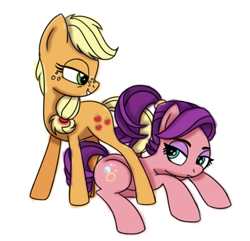 Size: 847x817 | Tagged: safe, artist:serra20, character:applejack, character:spoiled rich, episode:where the apple lies, g4, my little pony: friendship is magic, crack shipping, eyeshadow, female, flirting, lesbian, lidded eyes, looking at each other, looking back, lying down, makeup, shipping, simple background, smiling, spoiled milk, spoiledjack, teenage applejack, white background