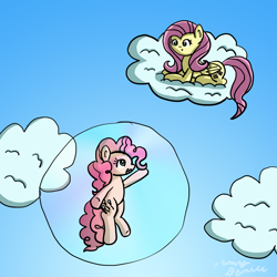 Size: 2500x2500 | Tagged: safe, artist:sketchydesign78, character:fluttershy, character:pinkie pie, bubble, cloud, in bubble, sky
