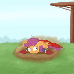 Size: 2000x2000 | Tagged: safe, artist:vanillaghosties, character:scootaloo, clothing, costume, crash, derp, dizzy, fail, female, scootacrash, scootaloo can't fly, solo, supergirl, superman