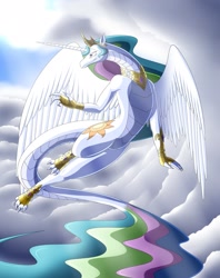 Size: 1421x1790 | Tagged: safe, artist:weirdofish, character:princess celestia, species:dragon, cloud, cloudy, dragonified, dragonlestia, feathered dragon, female, flying, gauntlet, lidded eyes, solo, species swap