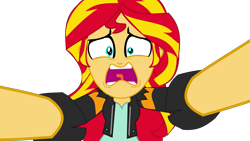 Size: 2649x1490 | Tagged: safe, artist:jongoji245, character:sunset shimmer, equestria girls:friendship games, g4, my little pony: equestria girls, my little pony:equestria girls, clothing, female, jacket, leather jacket, open mouth, simple background, solo, tongue out, transparent background, vector