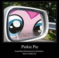 Size: 668x653 | Tagged: safe, artist:necronomiconofgod, artist:ponyweed, character:pinkie pie, car, close up series, close-up, demotivational poster, extreme close up, fourth wall, fourth wall destruction, irl, meme, mirror, objects in mirror are closer than they appear, rear view mirror, the far side