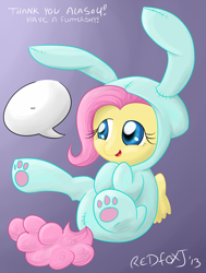 Size: 1024x1353 | Tagged: safe, artist:redfoxjake, character:fluttershy, bunny costume, bunny pajamas, bunnyshy, clothing, cute, female, filly, footed sleeper, pajamas, paw gloves, paw prints, shyabetes, solo, yay, younger