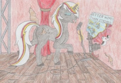 Size: 1242x860 | Tagged: safe, artist:agentappleblanket, oc, oc only, oc:velvet remedy, species:pegasus, species:pony, species:unicorn, species:zebra, fallout equestria, colored hooves, combat shotgun, dock, eyes closed, fanfic, fanfic art, female, glowing horn, gun, hooves, horn, magic, mare, microphone, open mouth, pencil drawing, plot, poster, propaganda, red eyes, singing, solo, stage, telekinesis, traditional art, weapon