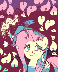 Size: 737x909 | Tagged: safe, artist:darkwingsnark, character:discord, character:fluttershy, species:draconequus, species:pegasus, species:pony, ship:discoshy, confident, eyeroll, folded wings, heart, hissing, lidded eyes, limited palette, male, overprotective, shipping, sitting on head, smiling, smirk, smug, smugshy, straight