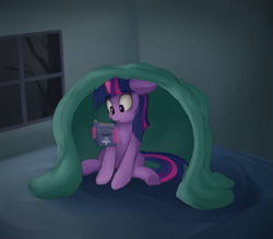 Size: 1659x1450 | Tagged: safe, artist:vanillaghosties, character:sweetie belle, character:twilight sparkle, species:pony, species:unicorn, blanket, book, female, filly, floppy ears, ghost story, glowing horn, indoors, magic, mare, night, reading, sitting, telekinesis, tree, when you see it, window