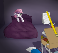 Size: 2000x1818 | Tagged: safe, artist:vanillaghosties, character:sweetie belle, species:pony, species:unicorn, bed, blanket, desk, female, filly, indoors, monster, nightmare, paper, pencil, ruler, scared, scissors, solo, terrified