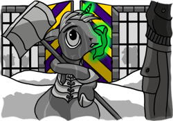 Size: 500x350 | Tagged: safe, artist:dantheman, oc, oc only, species:human, species:pony, species:unicorn, fanfic:chrysalis visits the hague, armor, barracks, breastplate, castle, chapter image, clothing, corporal punishment, fanfic, fanfic art, fimfiction, fimfiction.net link, fort, glowing horn, grid, gritted teeth, handkerchief, holding, human in equestria, implied human, jacket, levitation, link in description, magic, military, military base, nervous, punishment, royal guard, scared, scarf, sergeant, shadow, shovel, sitting, snow, snow shovel, soldier, sweat, telekinesis, uniform, window