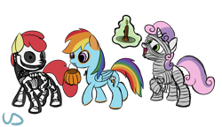 Size: 2932x1690 | Tagged: safe, artist:uber-dragon, character:apple bloom, character:rainbow dash, character:scootaloo, character:sweetie belle, bone, candle, clothing, costume, cutie mark crusaders, glowing horn, halloween, holiday, levitation, magic, mouth hold, mummy, nightmare night, pumpkin bucket, simple background, skeleton, skeleton costume, telekinesis, transparent background, trio