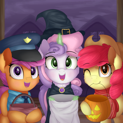 Size: 2000x2000 | Tagged: safe, artist:vanillaghosties, character:apple bloom, character:scootaloo, character:sweetie belle, species:earth pony, species:pegasus, species:pony, species:unicorn, adorabloom, clothing, costume, cowboy hat, cowgirl, cute, cutealoo, cutie mark crusaders, diasweetes, female, filly, glowing horn, halloween, hat, holiday, looking at you, magic, nightmare night, one eye closed, police, pumpkin bucket, telekinesis, trick or treat, trio, witch