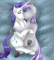 Size: 800x900 | Tagged: safe, artist:anxiousshadowpetals, character:maud pie, character:rarity, species:earth pony, species:pony, species:unicorn, ship:rarimaud, cuddling, eyes closed, female, lesbian, mare, shipping, snuggling, unshorn fetlocks