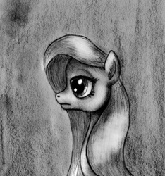 Size: 1140x1220 | Tagged: safe, artist:ksopies, character:fluttershy, species:pegasus, species:pony, bust, female, frown, grayscale, lidded eyes, long neck, mare, monochrome, portrait, profile, solo, traditional art