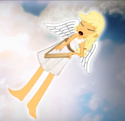 Size: 590x574 | Tagged: safe, artist:zxinsanity, character:applejack, my little pony:equestria girls, alternate universe, angel, barefoot, beautiful, blonde, clothing, dress, equestria girls: the parody series, eyes closed, feet, female, harp, hatless, missing accessory, musical instrument, open mouth, singing, solo, wings