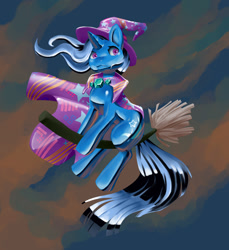 Size: 1173x1280 | Tagged: safe, artist:trunchbull, character:trixie, species:pony, species:unicorn, broom, female, flying, flying broomstick, latex, metallic, rubber, shiny, solo