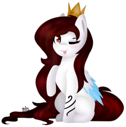 Size: 683x689 | Tagged: safe, artist:ayoarts, oc, oc only, oc:lau, species:pegasus, species:pony, birthday, blep, blue wings, bracelet, brown eyes, brown mane, colored wings, colored wingtips, crown, cute, digital art, female, fullbody, gift art, happy, jewelry, lineless, long mane, looking at you, one eye closed, raised hoof, regalia, simple background, sitting, smiling, solo, tongue out, transparent background, white, wink