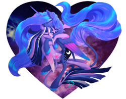 Size: 2000x1571 | Tagged: safe, artist:jazzybrony, character:princess luna, character:twilight sparkle, character:twilight sparkle (alicorn), species:alicorn, species:pony, ship:twiluna, color porn, colored wings, colored wingtips, eyes closed, female, heart, hug, lesbian, shipping, simple background, space, transparent background, unshorn fetlocks