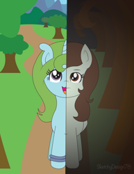 Size: 2550x3300 | Tagged: safe, artist:sketchydesign78, oc, oc only, oc:sketchy design, apathy, contrast, forest, happy, ponified artist, tree, two sides, vector