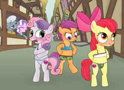 Size: 4033x2915 | Tagged: safe, artist:elephanteddie, part of a set, character:apple bloom, character:diamond tiara, character:scootaloo, character:silver spoon, character:sweetie belle, species:pony, back alley, bipedal, blue underwear, blushing, boyshorts, bra, button underwear, buttons, clothing, clothing theft, covering, crop top bra, cutie mark, cutie mark crusaders, embarrassed, embarrassed underwear exposure, evil grin, eyes closed, female, filly, frilly underwear, green underwear, grin, humiliation, panties, pink underwear, ponyville, ribbon, smiling, the cmc's cutie marks, thong, underwear, vulgar description, we don't normally wear clothes