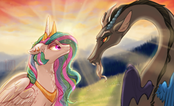 Size: 1132x692 | Tagged: safe, artist:butteredpawpcorn, character:discord, character:princess celestia, ship:dislestia, chest fluff, crepuscular rays, ear piercing, earring, forest, grass, jewelry, looking at each other, male, piercing, shipping, straight