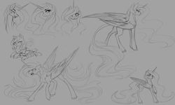 Size: 5000x3000 | Tagged: safe, artist:jazzybrony, character:princess celestia, character:princess luna, species:classical unicorn, absurd resolution, cewestia, crying, cute, doodle, eyes closed, female, filly, leonine tail, monochrome, prone, simple background, sketch, sunbutt, tongue out, unshorn fetlocks, woona, younger
