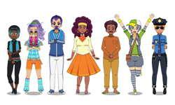 Size: 2100x1260 | Tagged: safe, artist:kathara_khan, character:copper top, character:coriander cumin, character:gabby, character:mr. stripes, character:plaid stripes, character:saffron masala, character:thorax, species:changeling, species:human, :3, :|, anime style, anklet, baseball cap, baton, beard, blushing, boots, cap, clothing, converse, dark skin, ear piercing, earring, facial hair, fishnets, freckles, gloves, grin, group, hat, humanized, jewelry, kisekae, looking at you, midriff, moustache, piercing, police uniform, sandals, shoes, shorts, simple background, skirt, smiling, sneakers, socks, spoon, striped socks, sunglasses, thigh highs, walkie talkie, wavy mouth, white background