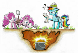 Size: 1024x704 | Tagged: safe, artist:modecom1, character:pinkie pie, character:rainbow dash, species:earth pony, species:pegasus, species:pony, clothing, colored pencil drawing, female, gold, grin, hat, mare, marker drawing, pot of gold, saddle bag, shovel, smiling, traditional art, treasure, treasure hunting, treasure map