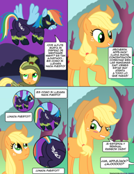 Size: 900x1165 | Tagged: safe, artist:gameboysage, artist:nnxmnd, character:applejack, character:rainbow dash, clothing, comic, costume, dialogue, nightmare night, nothing at all, shadowbolt dash, shadowbolts, shadowbolts costume, spanish, stupid sexy rainbow dash, the simpsons, translation