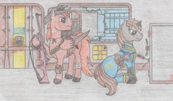 Size: 1456x850 | Tagged: safe, artist:agentappleblanket, oc, oc only, oc:calamity, oc:littlepip, species:pegasus, species:pony, species:unicorn, fallout equestria, bandage, broken glasses, clothing, colored hooves, dashite, fanfic, fanfic art, female, glasses, glowing horn, gun, hat, hooves, horn, levitation, lockpicking, magic, male, mare, medkit, pipbuck, rifle, saddle bag, safe (object), stable, stallion, telekinesis, traditional art, vault suit, weapon, window, wings