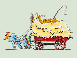 Size: 1024x768 | Tagged: safe, artist:modecom1, character:applejack, character:rainbow dash, effort, hay, horse collar, mud, muddy, muddy hooves, pony pulls the wagon, pulling, role reversal, straining, wagon, whip