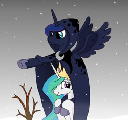Size: 556x520 | Tagged: safe, artist:manulis, character:princess celestia, character:princess luna, species:alicorn, species:pony, episode:a hearth's warming tail, g4, my little pony: friendship is magic, angry, cloak, clothing, female, frown, glare, jewelry, mare, outdoors, piggyback ride, pointing, ponies riding ponies, regalia, smiling, snow, snowfall, spirit of hearth's warming yet to come, spread wings, tree, underhoof, wings, winter