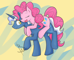 Size: 1944x1584 | Tagged: safe, artist:blackswhites, character:pinkie pie, character:pokey pierce, species:earth pony, species:pony, species:unicorn, ship:pokeypie, carrying, female, male, ponies riding ponies, shipping, straight