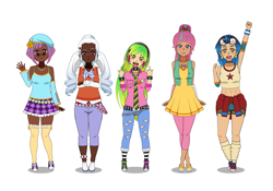 Size: 1800x1260 | Tagged: safe, artist:kathara_khan, character:indigo zap, character:lemon zest, character:sour sweet, character:sugarcoat, character:sunny flare, :3, ankle bracelet, bandaid, belly button, beret, bracelet, casual, choker, clothing, converse, crystal prep shadowbolts, dark skin, detached sleeves, devil horn (gesture), dress, glasses, goggles, group, hairclip, headphones, jeans, jewelry, kisekae, kneesocks, light skin, loose socks, mary janes, midriff, necktie, pants, piercing, pigtails, ponytail, shadow five, shirt, shirt around waist, shoes, shorts, simple background, skirt, sneakers, socks, spiked choker, spiked wristband, striped socks, sunglasses, tank top, tartan, tongue out, tongue piercing, twintails, vest, white background