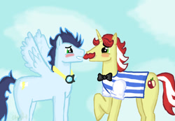 Size: 900x623 | Tagged: safe, artist:ordinarydraw, character:flam, character:soarin', blushing, gay, male, shipping, soarflam