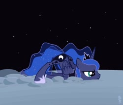 Size: 420x360 | Tagged: safe, artist:vapgames, character:princess luna, bored, dumb running ponies, face down ass up, female, frown, glare, moon, scootie belle, solo, space