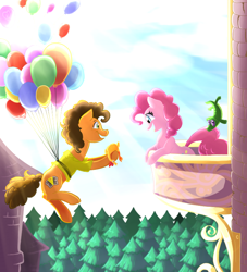 Size: 714x786 | Tagged: safe, artist:zlayd-oodles, character:boneless, character:cheese sandwich, character:gummy, character:pinkie pie, ship:cheesepie, balcony, balloon, male, rubber chicken, shipping, straight