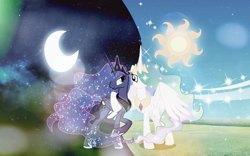 Size: 1920x1200 | Tagged: safe, artist:asterphoenix90, artist:jordila-forge, edit, character:princess celestia, character:princess luna, species:alicorn, species:pony, cutie mark, day, duo, ethereal mane, female, galaxy mane, mare, moon, night, royal sisters, side hug, sisters, smiling, sparkly mane, sun, ultimate luna, vector, wallpaper