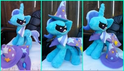Size: 701x400 | Tagged: safe, artist:catzilerella, character:trixie, species:pony, species:unicorn, cape, clothing, female, hat, irl, mare, photo, plushie, solo, trixie's cape, trixie's hat