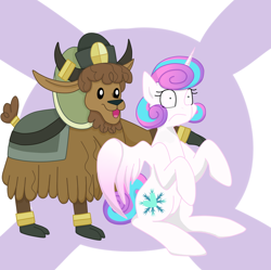 Size: 1024x1021 | Tagged: safe, artist:rosequartz1, character:princess flurry heart, species:alicorn, species:pony, species:yak, calf, cloven hooves, female, filly, horn ring, male, older, startled, story included, yak calf