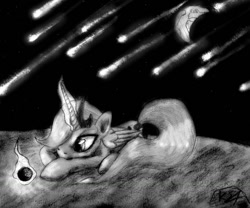 Size: 1024x851 | Tagged: safe, artist:ksopies, character:princess luna, earth, female, meteor shower, monochrome, moon, solo, traditional art