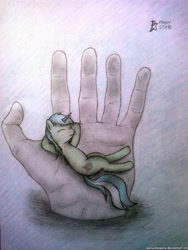 Size: 1944x2592 | Tagged: safe, artist:ponystarpony, character:lyra heartstrings, hand, in goliath's palm, micro, sitting, traditional art