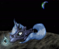 Size: 2468x2052 | Tagged: safe, artist:ksopies, character:princess luna, species:alicorn, species:pony, blue mane, colored, earth, female, fire, glow, glowing horn, horn, lidded eyes, looking at something, mare, missing accessory, moon, on the moon, planet, prone, smiling, solo, space, stars, stone, traditional art