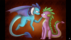 Size: 1920x1080 | Tagged: safe, artist:magicalbrownie, character:princess ember, character:spike, species:dragon, ship:emberspike, male, older spike, shipping, sitting, straight, teenage spike