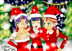 Size: 2183x1543 | Tagged: safe, artist:infinityr319, character:starlight glimmer, character:sunset shimmer, character:twilight sparkle, species:human, christmas, christmas lights, christmas tree, clothing, counterparts, humanized, side hug, tree, trio, twilight's counterparts