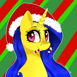 Size: 713x710 | Tagged: safe, artist:starsymphonystela, oc, oc only, candy, candy cane, christmas, clothing, food, hat, mouth hold, santa hat, solo