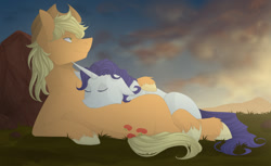Size: 1000x613 | Tagged: safe, artist:mrgdog, character:applejack, character:rarity, ship:rarijack, applejack (male), clothing, cloud, cowboy hat, cuddling, half r63 shipping, hat, male, mountain, on back, rarijack (straight), rule 63, shipping, snuggling, stetson, straight, twilight (astronomy)