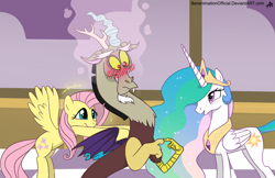 Size: 2656x1719 | Tagged: safe, artist:bananimationofficial, character:discord, character:fluttershy, character:princess celestia, ship:dislestia, blushing, cute, discute, eye contact, flying, frown, looking at each other, male, open mouth, pushing, shipper on deck, shipping, shy, smiling, spread wings, straight, trio, wide eyes, wings
