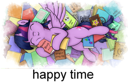 Size: 1219x800 | Tagged: safe, artist:flufflelord, edit, editor:sweetdudebbb5, character:derpy hooves, character:twilight sparkle, character:twilight sparkle (alicorn), species:alicorn, species:pony, fallout equestria, book, bookhorse, cuddling, eyes closed, female, mare in the moon, moon, pile of books, princess sleeping on books, snuggling, solo, spread wings, that pony sure does love books, wings