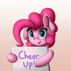 Size: 2000x2000 | Tagged: safe, artist:vanillaghosties, character:pinkie pie, species:earth pony, species:pony, cute, diapinkes, ear fluff, female, floppy ears, gradient background, hoof hold, looking at you, mare, open mouth, positive ponies, sign, smiling, solo