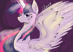 Size: 5880x4208 | Tagged: safe, artist:angelpony99, character:twilight sparkle, character:twilight sparkle (alicorn), species:alicorn, species:pony, absurd resolution, bust, colored pupils, female, fluffy, glow, glowing horn, lidded eyes, looking at you, magic, magic aura, makeup, older, portrait, princess of friendship, runes, smiling, solo, spread wings, swanlight sparkle, wings
